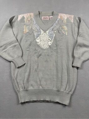 Vintage Jaclyn Smith Sweater Womens Large Gray Pink Beaded Floral Embroidered